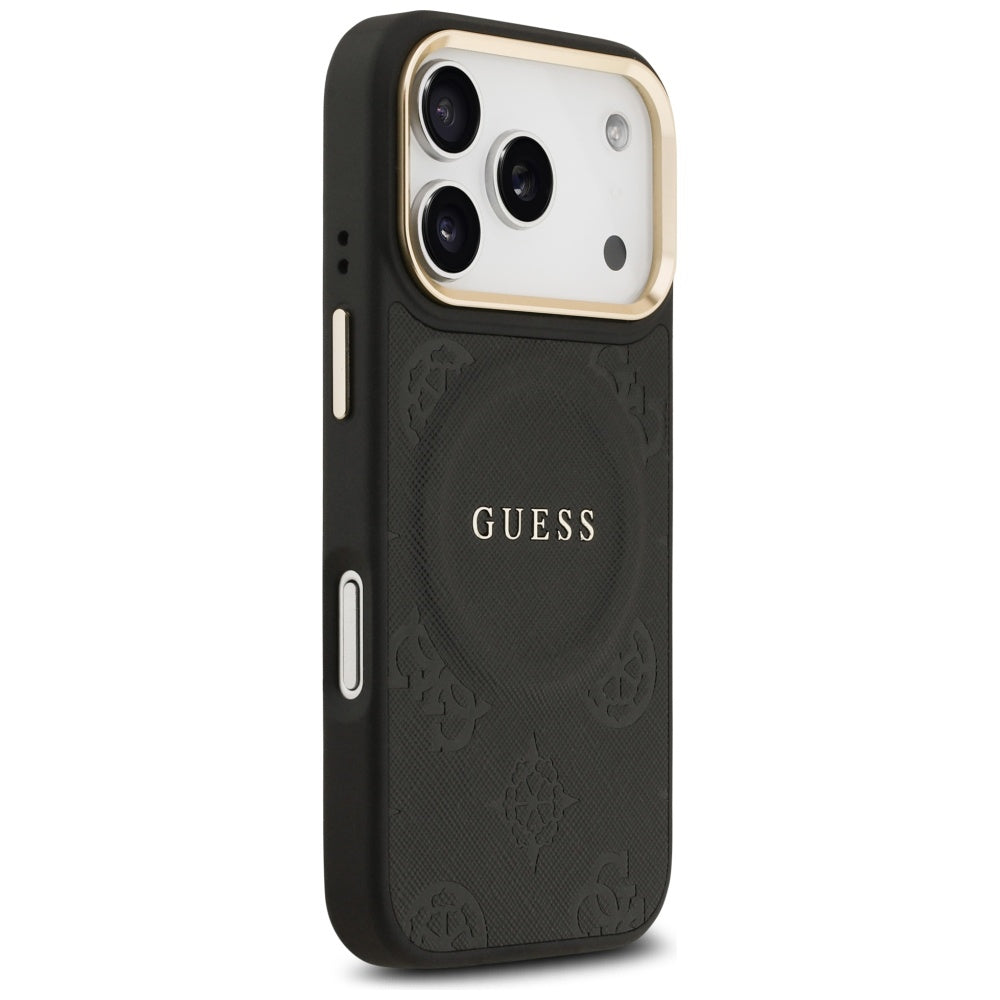 Guess iPhone 17 Pro - Peony Hot Stamp MagSafe - Σκληρή Θήκη με Επένδυση Συνθετικού Δέρματος - Black - GUHMP17LPSAMSECK