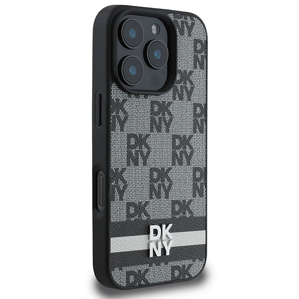 DKNY iPhone 16 Pro Max - Checkered Pattern and Printed Stripes Σκληρή Θήκη με Επένδυση Συνθετικού Δέρματος - Black