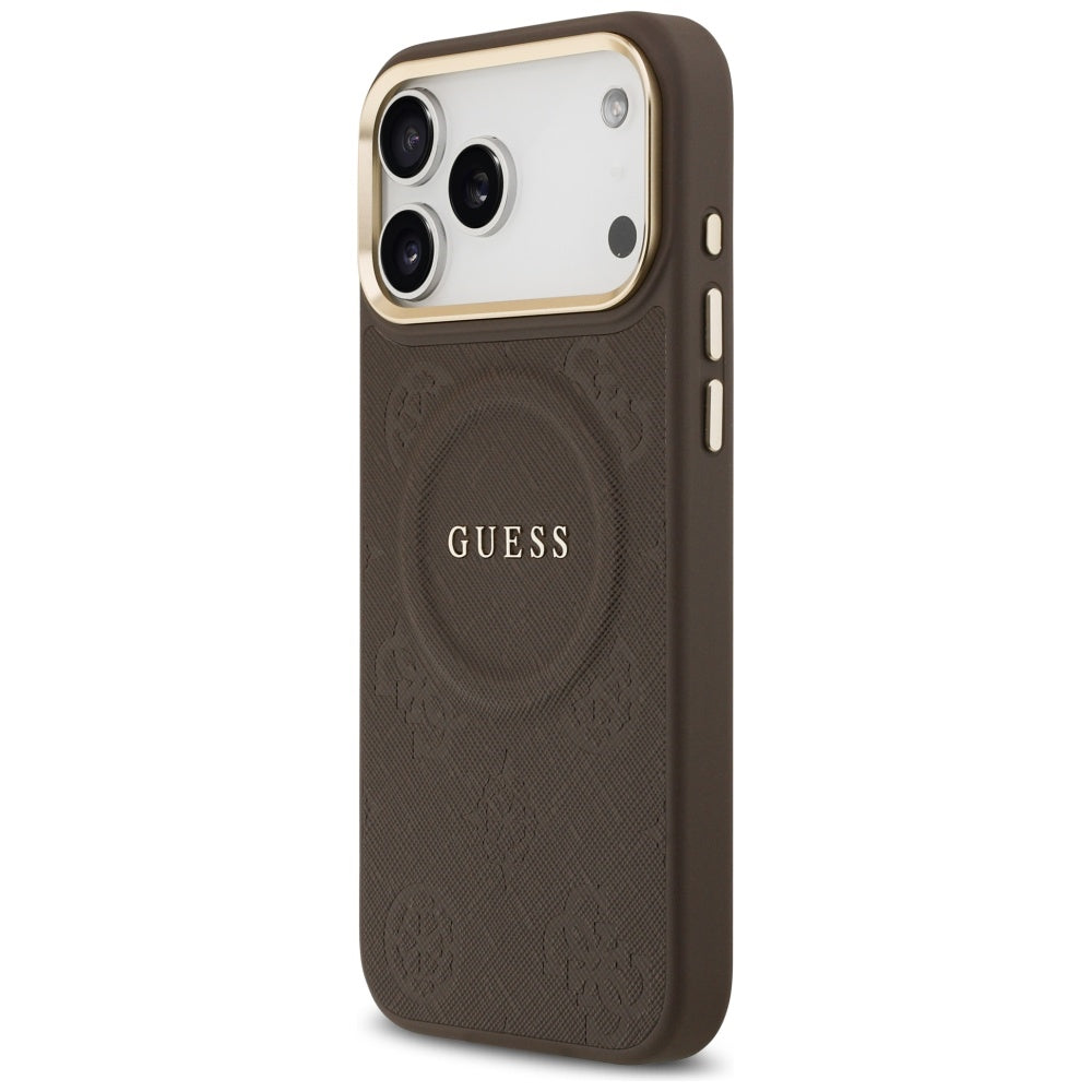 Guess iPhone 17 Pro Max - Peony Hot Stamp MagSafe - Σκληρή Θήκη με Επένδυση Συνθετικού Δέρματος - Brown - GUHMP17XPSAMSECW