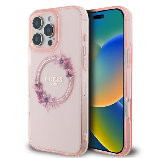 Guess iPhone 16 Pro - IML Flowers Wreath - MagSafe Σκληρή Θήκη με Πλαίσιο Σιλικόνης - Pink - GUHMP16LHFWFCP