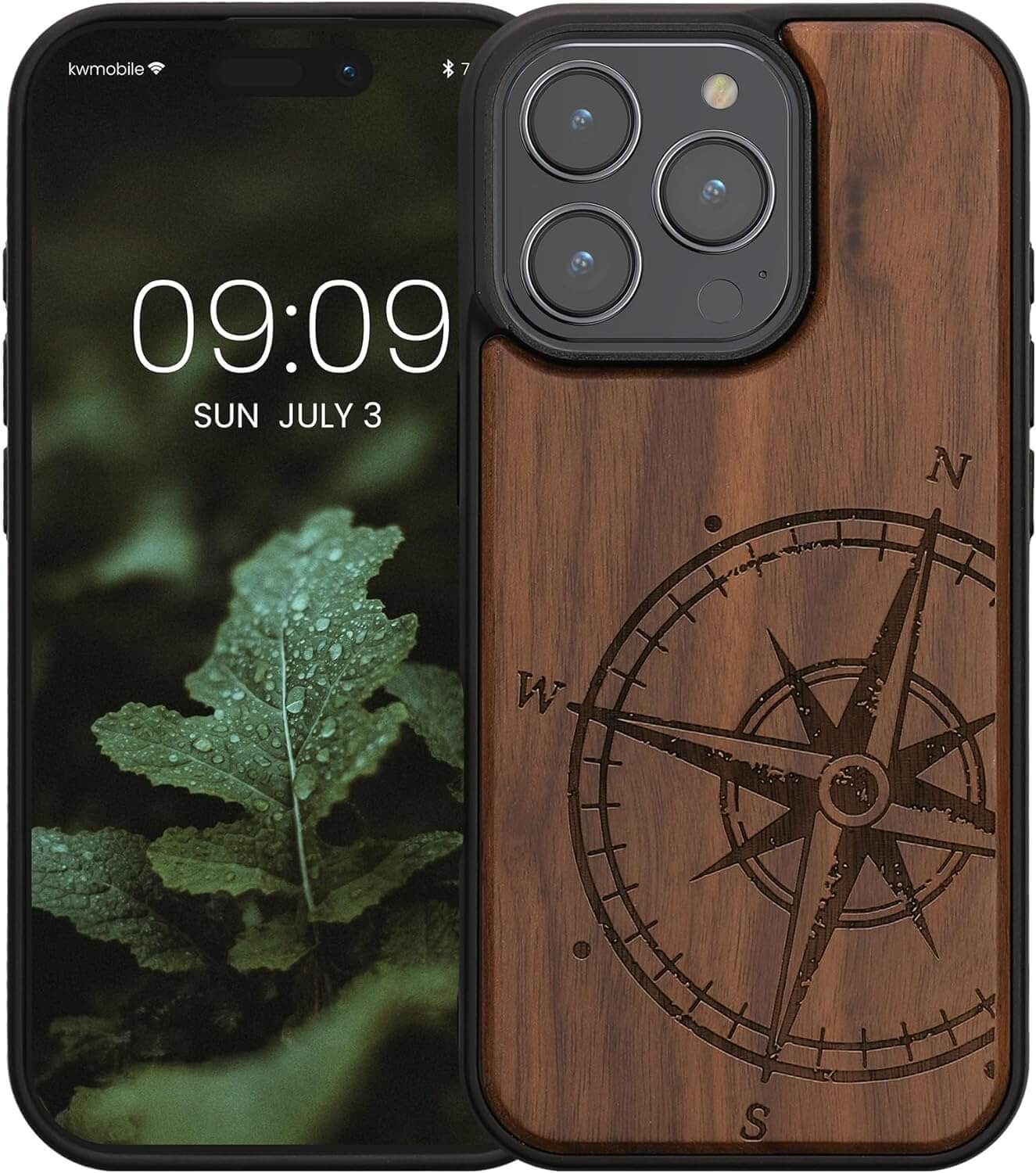 KW iPhone 16 Pro Θήκη από Φυσικό Ξύλο - Design Vintage Compass - Dark Brown