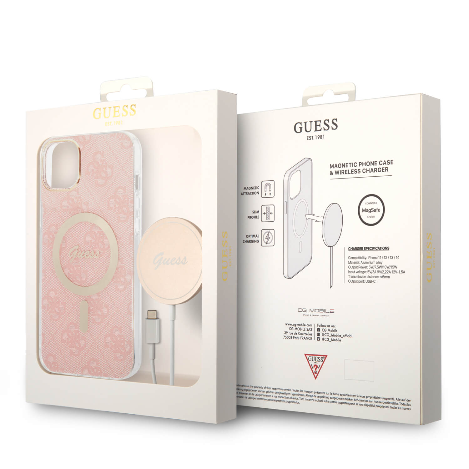 Guess iPhone 15 Plus / 14 Plus - Bundle Pack - Σετ Σκληρή Θήκη με Πλαίσιο Σιλικόνης και Ασύρματος Φορτιστής MagSafe - Design 4G Print MagSafe - Pink - GUBPP14MH4EACSP