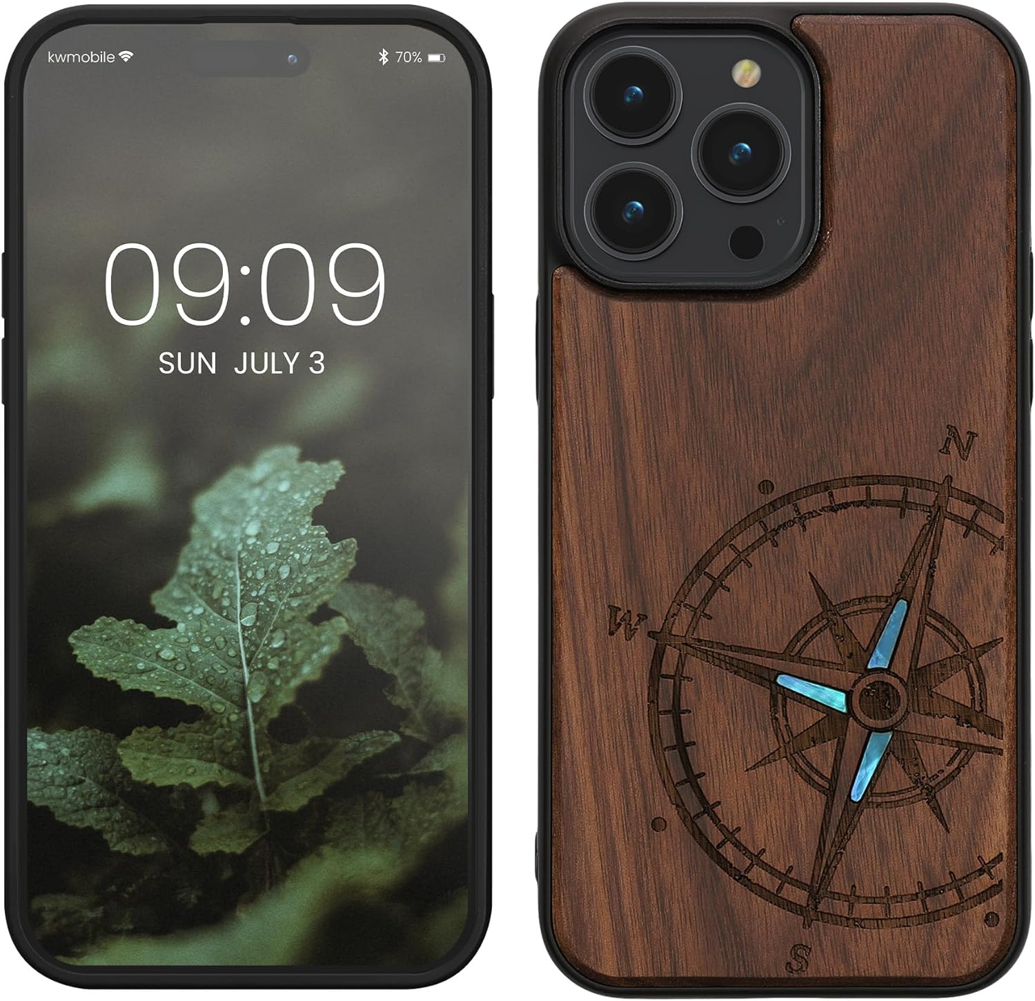 KW iPhone 14 Pro Max Θήκη από Φυσικό Ξύλο - Design Navigational Compass Mother of Pearl - Dark Brown
