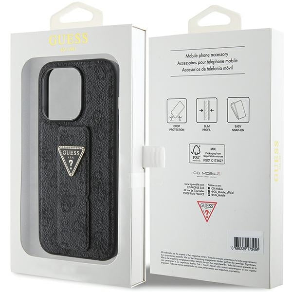 Guess iPhone 15 Pro Grip Stand 4G Triangle Strass Logo Θήκη με Επένδυση Συνθετικού Δέρματος και Stand - Black - GUHCP15LPGS4TDK