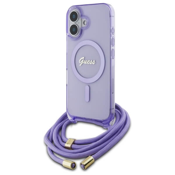 Guess iPhone 16 - Crossbody Cord Script MagSafe - Σκληρή Θήκη με Πλαίσιο Σιλικόνης και Λουράκι - Purple - GUHMP16SHCTSGNSU