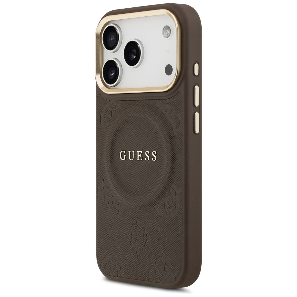 Guess iPhone 17 Pro - Peony Hot Stamp MagSafe - Σκληρή Θήκη με Επένδυση Συνθετικού Δέρματος - Brown - GUHMP17LPSAMSECW