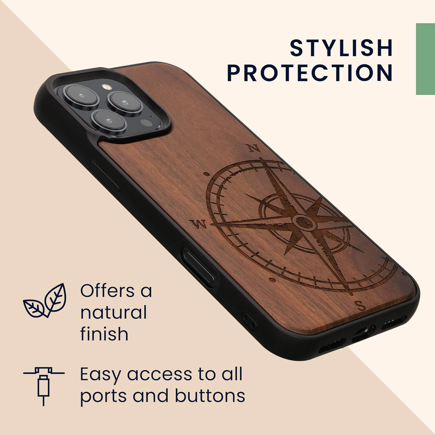 KW iPhone 16 Pro Max Θήκη από Φυσικό Ξύλο Design Navigational Compass - Dark Brown