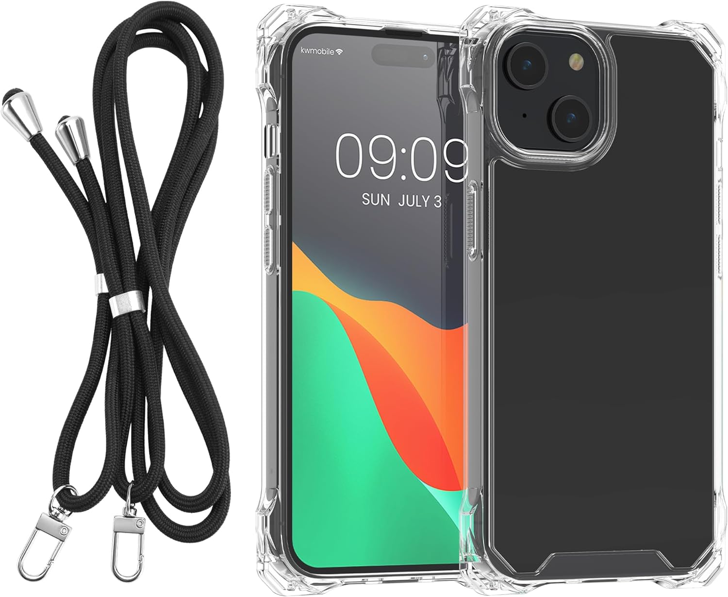 KW iPhone 15 Σκληρή Θήκη με Πλαίσιο Σιλικόνης και Λουράκι - Διάφανη / Black - 62037.01