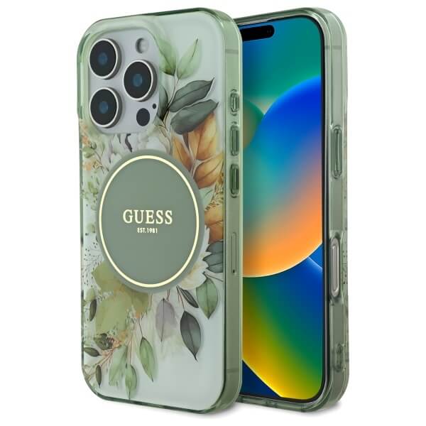 Guess iPhone 16 Pro Max - IML Flower and Tonal Circle MagSafe - Σκληρή Θήκη με Πλαίσιο Σιλικόνης - Green - GUHMP16XHFWBDCEN