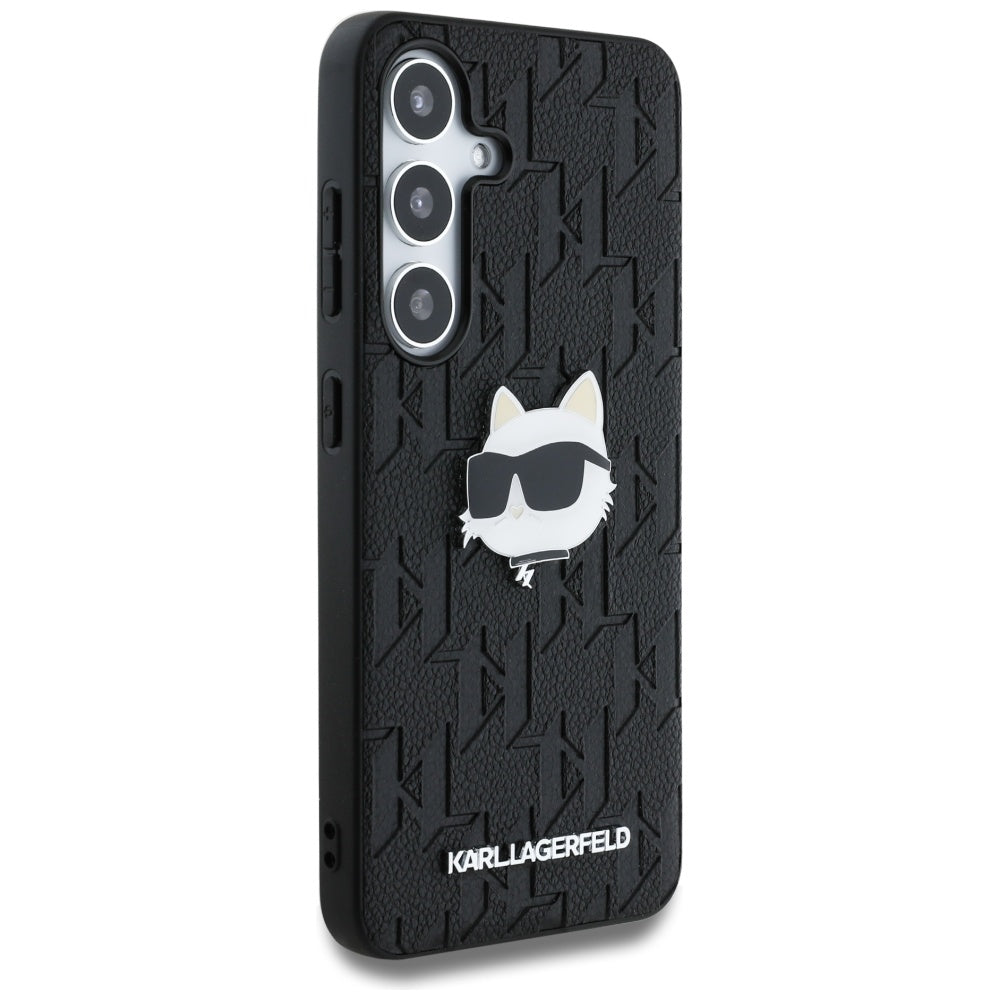 Karl Lagerfeld Samsung Galaxy S25 - Monogram Choupette Head Pin - Σκληρή Θήκη με Επένδυση Συνθετικού Δέρματος - Black - KLHCS25SPGKLCHPK
