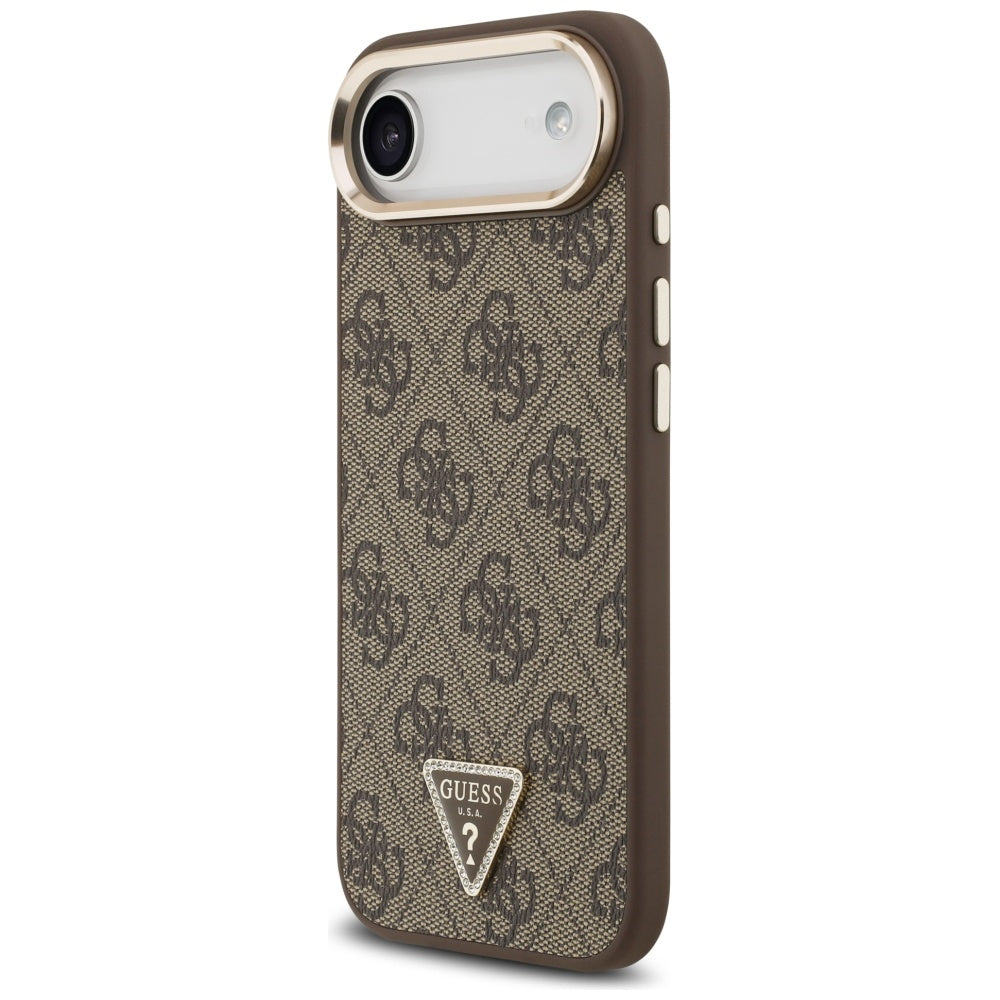 Guess iPhone Air - 4G Triangle Strass Logo MagSafe - Σκληρή Θήκη με Επένδυση Συνθετικού Δέρματος - Brown / Gold - GUHMP17MP4GTDGMW