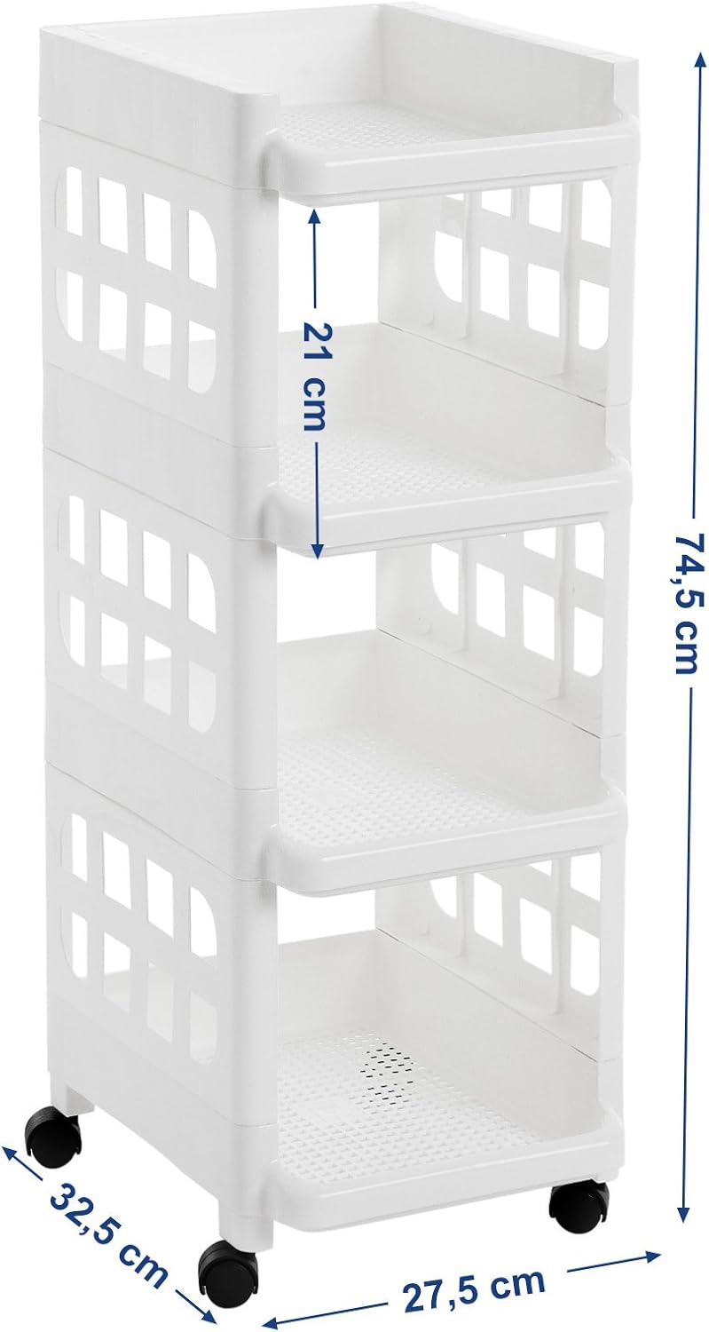 Songmics Πλαστικό Καρότσι για Οργάνωση και Αποθήκευση με 4 Ράφια - White - KSC02WT