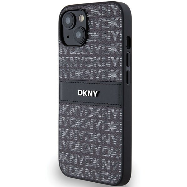 DKNY iPhone 15 / 14 / 13 - Σκληρή Θήκη με Επένδυση Συνθετικού Δέρματος - Leather Mono Stripe and Metal Logo - Black