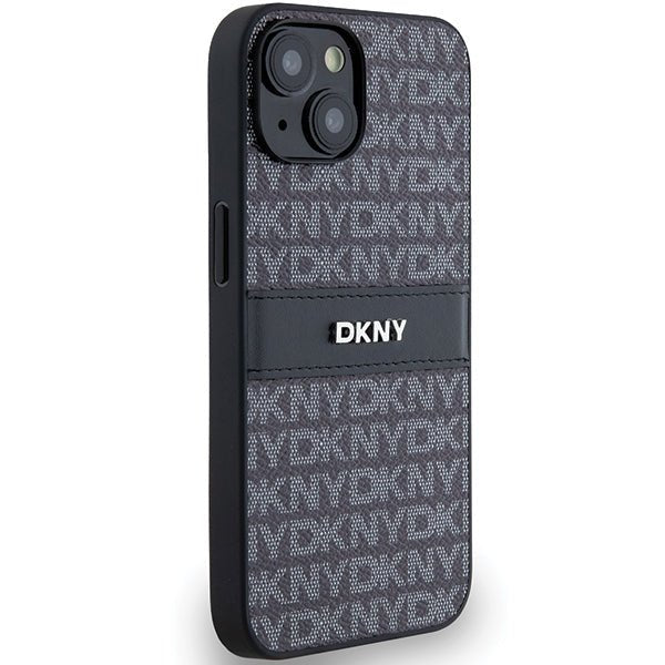 DKNY iPhone 15 / 14 / 13 - Σκληρή Θήκη με Επένδυση Συνθετικού Δέρματος - Leather Mono Stripe and Metal Logo - Black