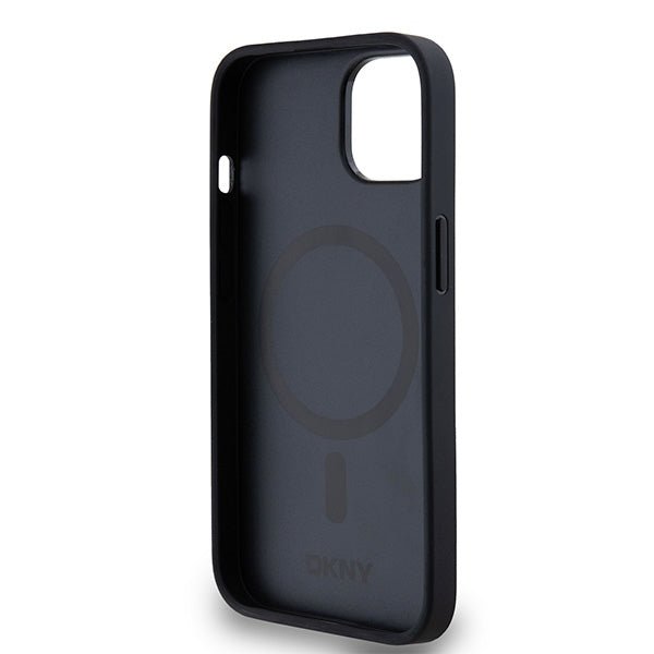DKNY iPhone 15 / 14 / 13 - Σκληρή Θήκη με Επένδυση Συνθετικού Δέρματος - Leather Monogram Pattern Metal Logo MagSafe - Black