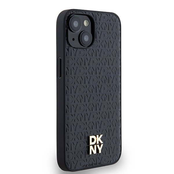 DKNY iPhone 15 / 14 / 13 - Σκληρή Θήκη με Επένδυση Συνθετικού Δέρματος - Leather Monogram Pattern Metal Logo MagSafe - Black