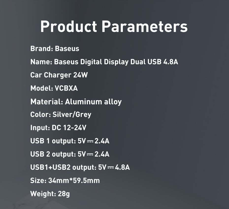 Baseus Digital Display Φορτιστής Αυτοκινήτου 4.8A με Δύο Θύρες USB - Silver - CCBX-0S