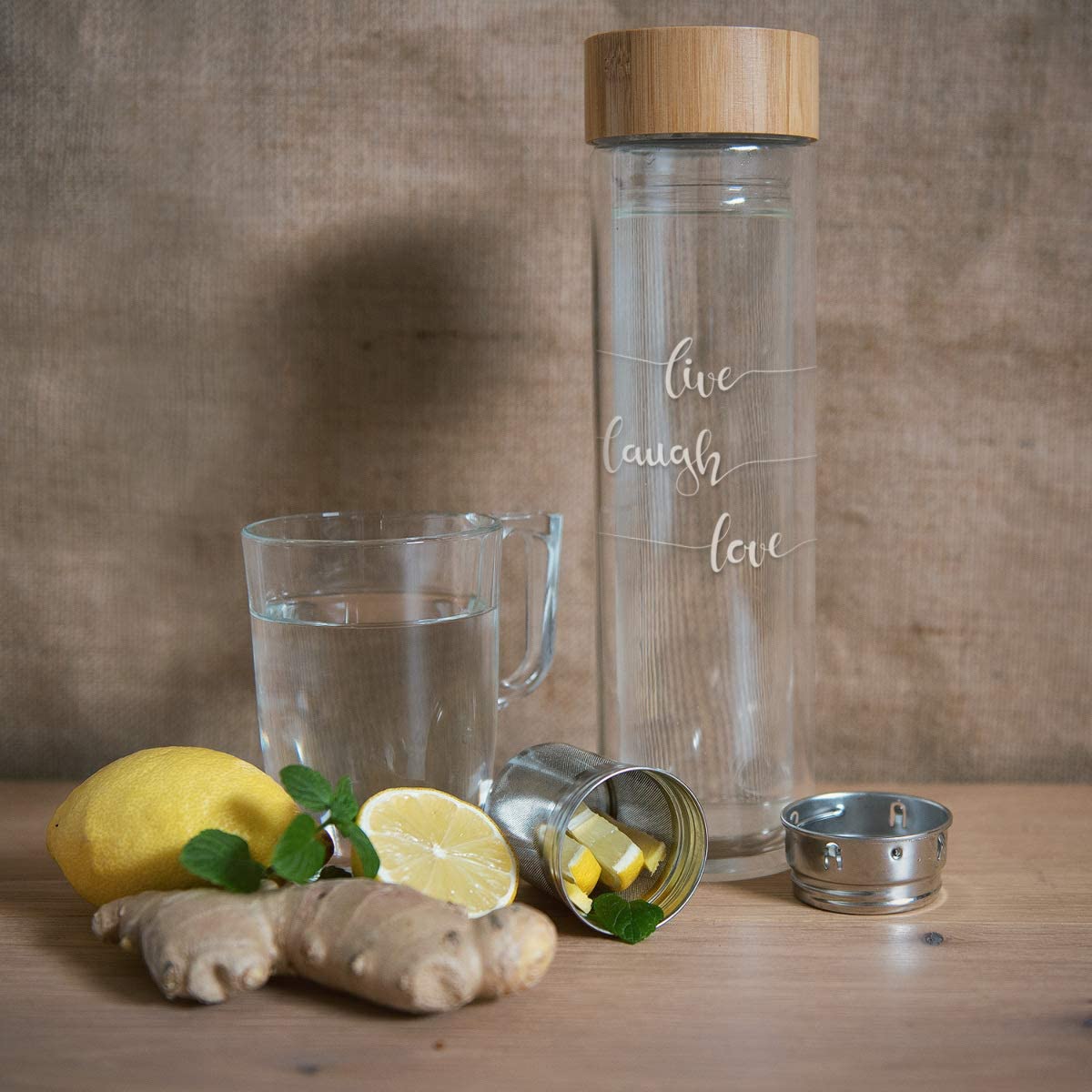 Navaris Γυάλινο Μπουκάλι Τσαγιού με Θήκη μεταφοράς - 500ml - Design Live Laugh Love - Clear - 45888.2.05