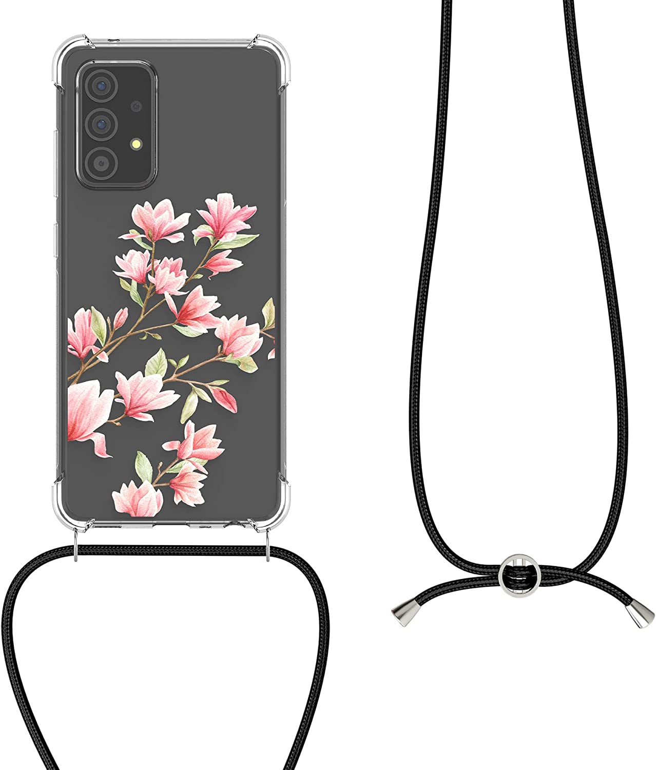KW Samsung Galaxy A52 / A52 5G / A52s 5G Θήκη Σιλικόνης TPU με Λουράκι Design Magnolias - Διάφανη / White / Pink - 57733.02
