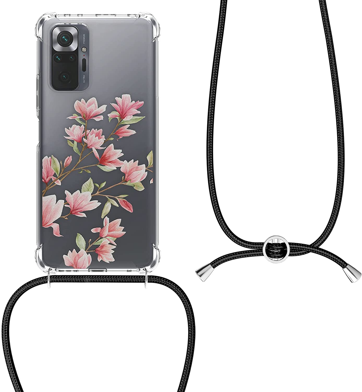 KW Xiaomi Redmi Note 10 Pro Θήκη Σιλικόνης TPU με Λουράκι Design Magnolias - Light Pink / White - Διάφανη - 56529.02