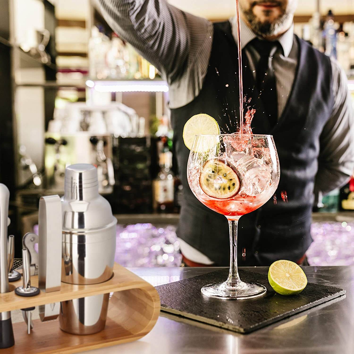 Relaxdays Σετ Κοκτέιλ 9 Τεμαχίων από Ανοξείδωτο Ατσάλι με Βάση από Μπαμπού - Silver / Natural - 4052025259488