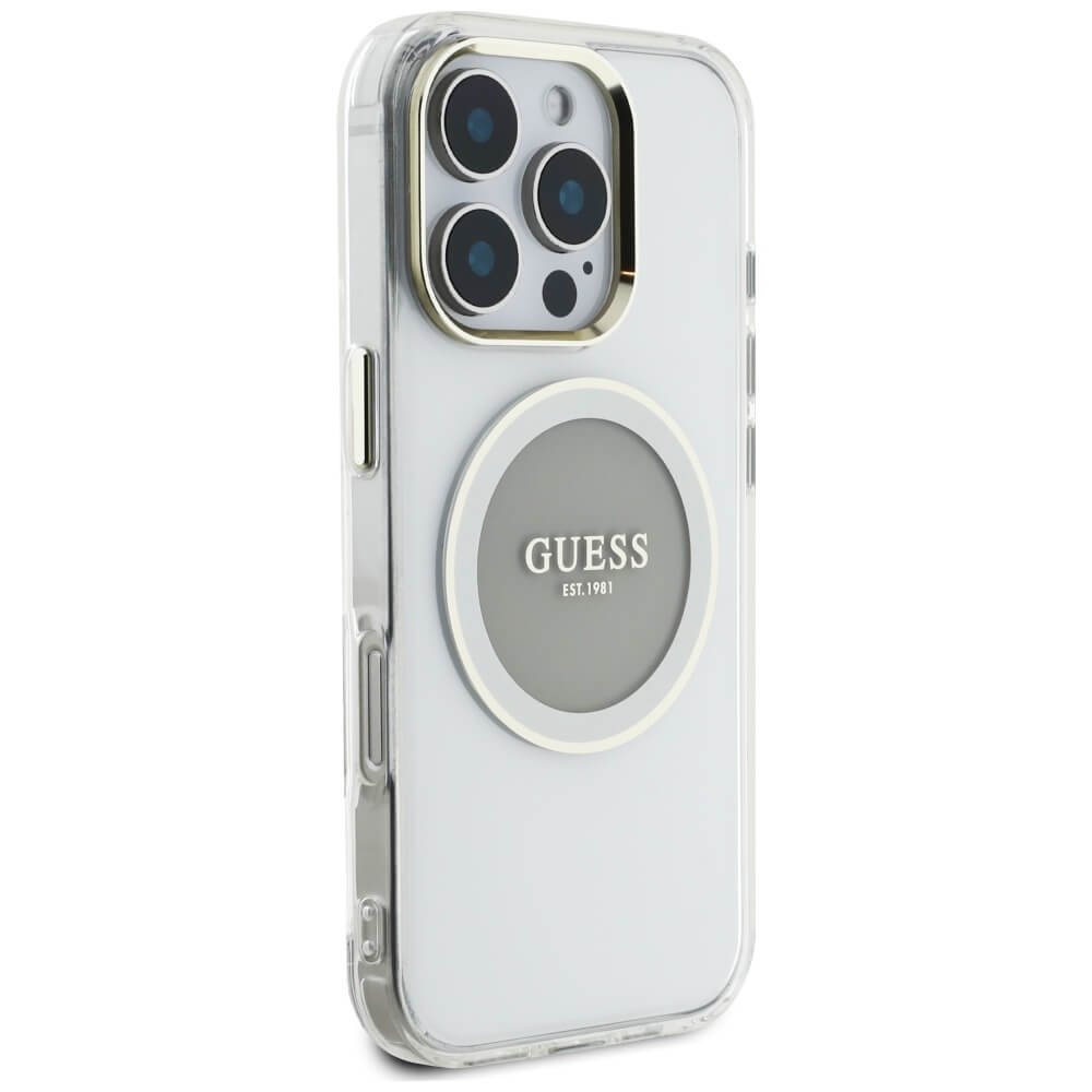 Guess iPhone 16 Pro Max IML Metal Colored Circle Classic Logo MagSafe Σκληρή Θήκη με Πλαίσιο Σιλικόνης και MagSafe - Grey - GUHMP16XHTDRCEDG