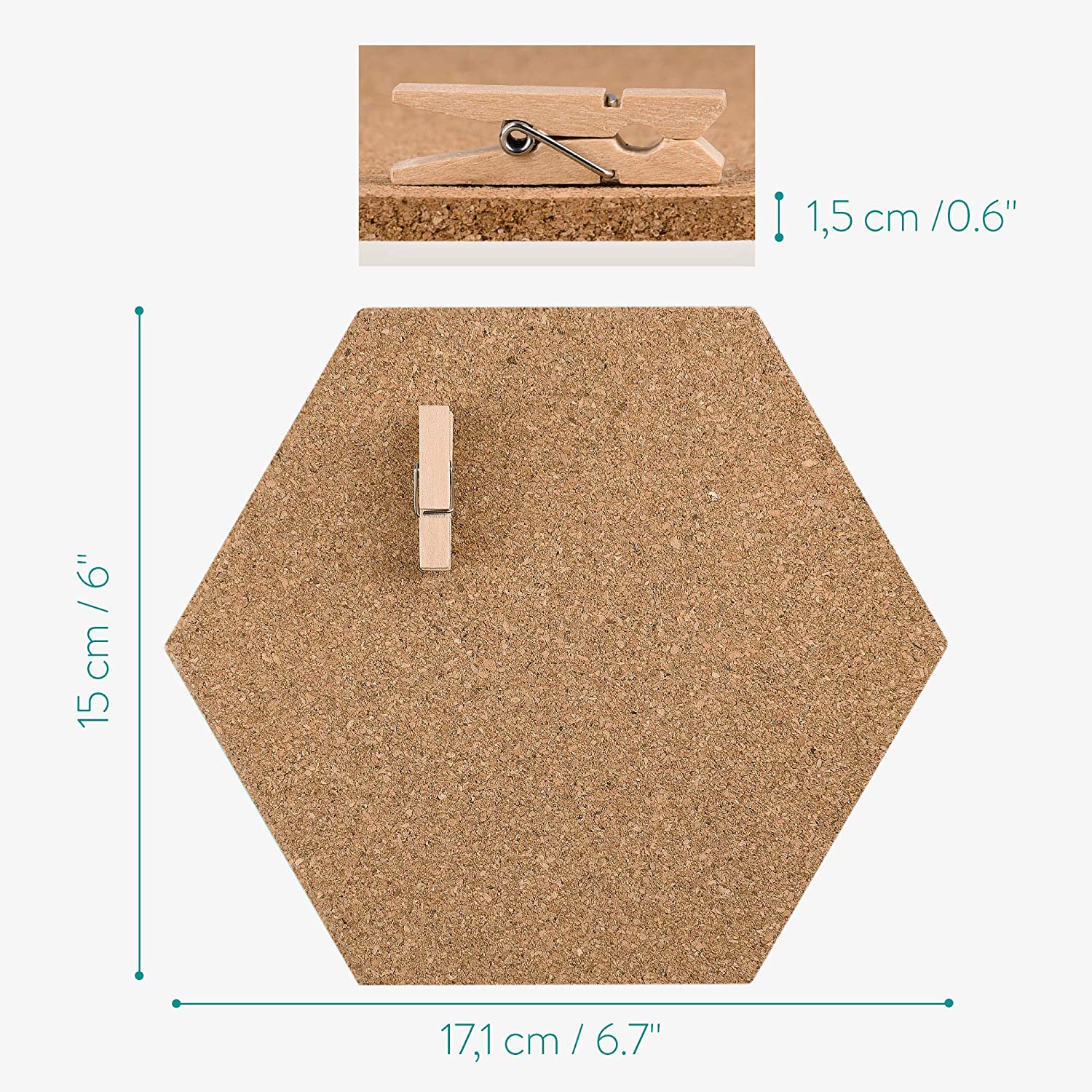 Navaris Cork Pin Board Hexagonal - Σετ με 10 Πίνακες Ανακοινώσεων από Φελλό και 50 Πινέζες - Cork - 53218.10