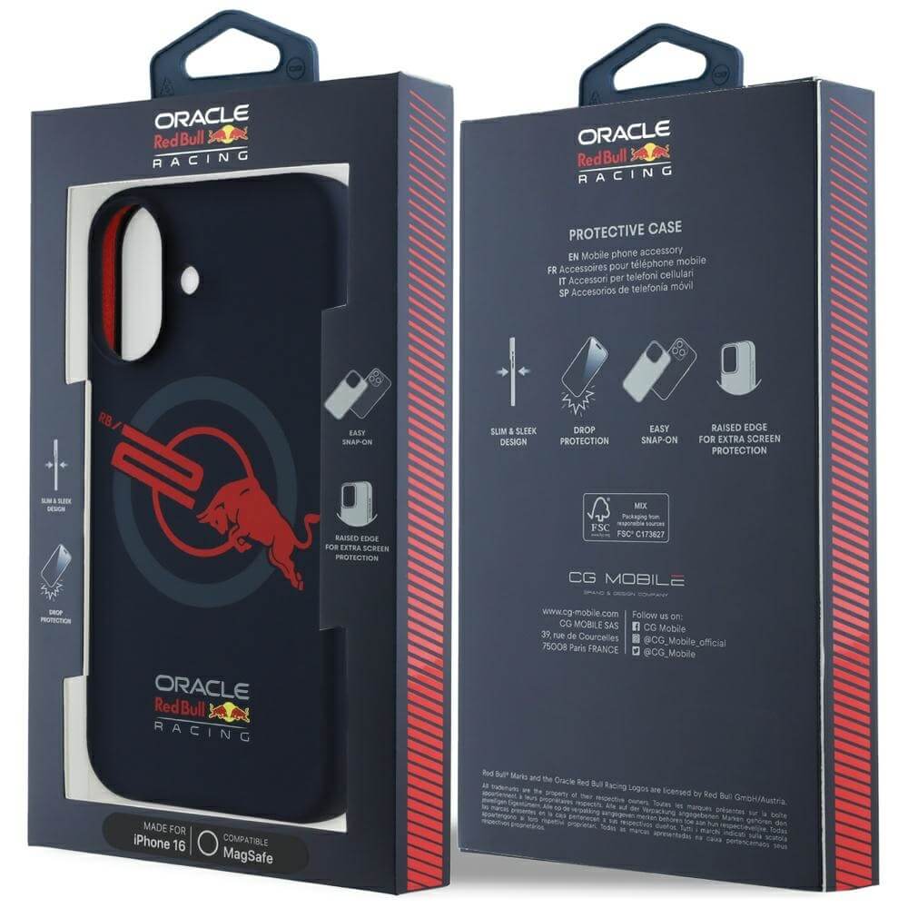 Red Bull iPhone 16 - HC Silicone ORBR20 Logo Red Lining - MagSafe Σκληρή Θήκη με Πλαίσιο Σιλικόνης - Navy Blue - RBHMP16S24SIOLVR