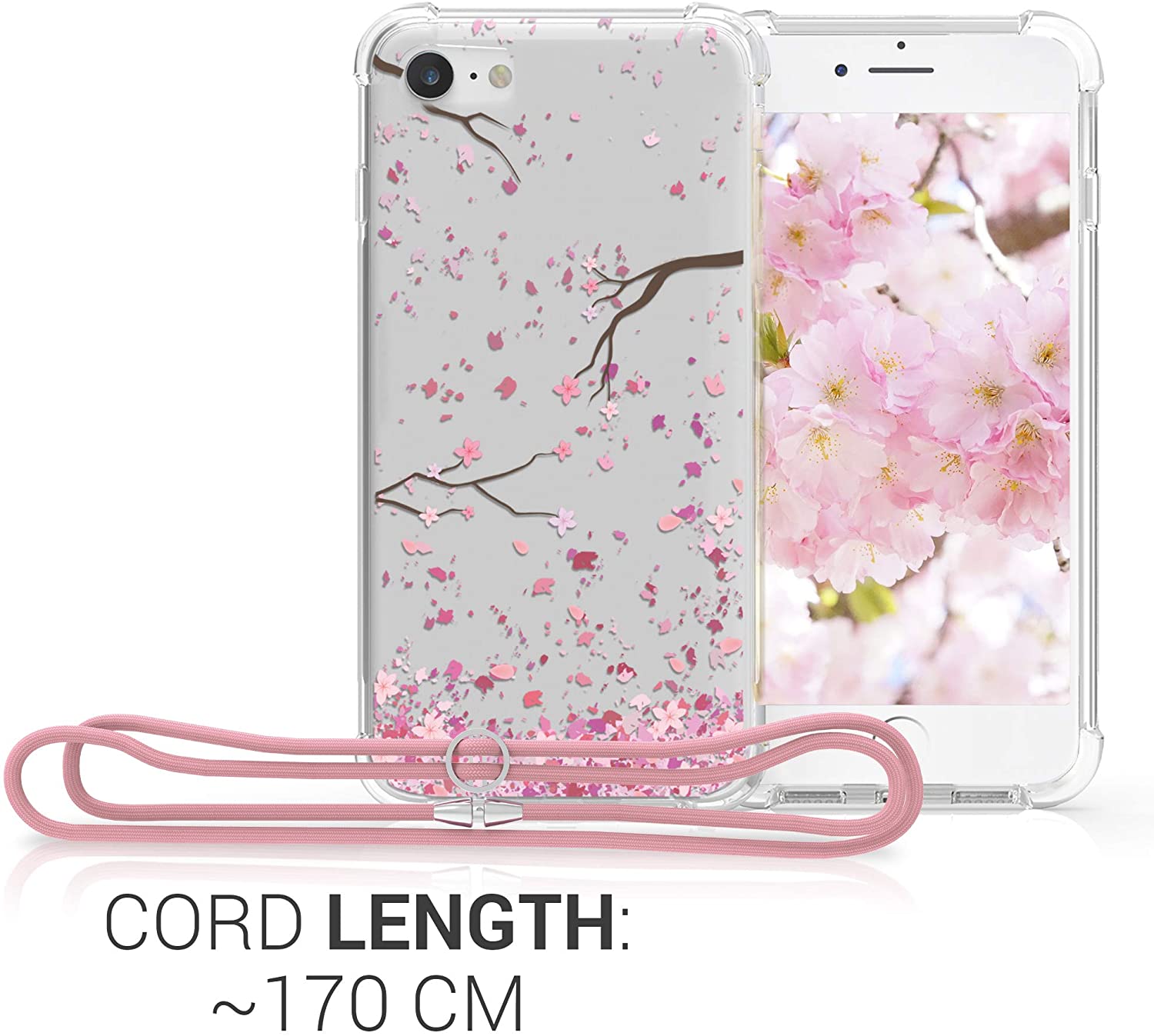 KW iPhone SE 2022 / SE 2020 / 7 / 8 Θήκη Σιλικόνης TPU με Λουράκι Design Cherry Blossoms - Διάφανη / Light Pink / Dark Brown - 48478.12
