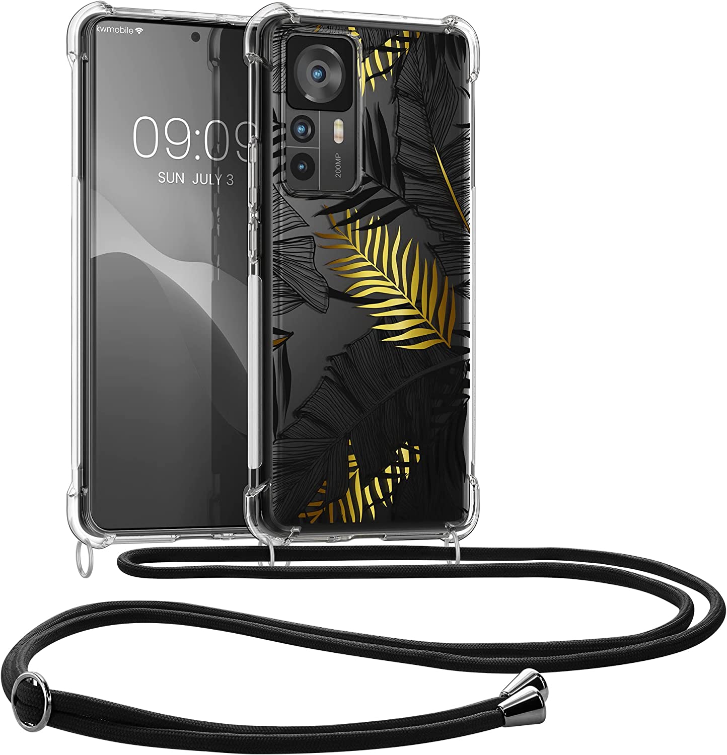 KW Xiaomi 12T / 12T Pro Θήκη Σιλικόνης TPU με Λουράκι Design Palm Leaves - Yellow / Grey / Διάφανη - 60216.02
