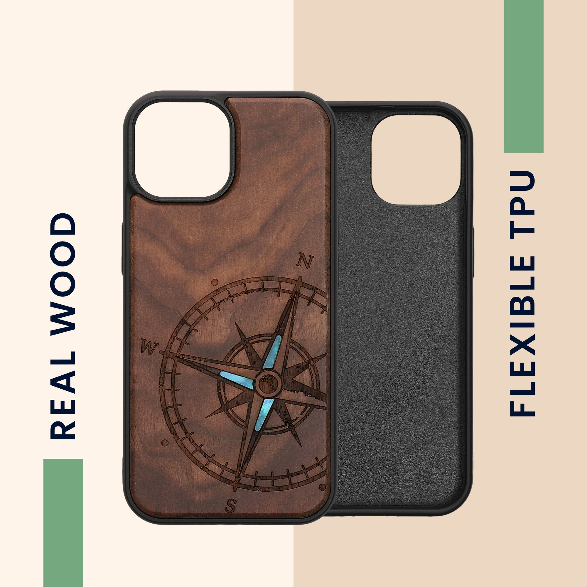 KW iPhone 15 Θήκη από Φυσικό Ξύλο - Design Navigational Compass Mother of Pearl - Dark Brown