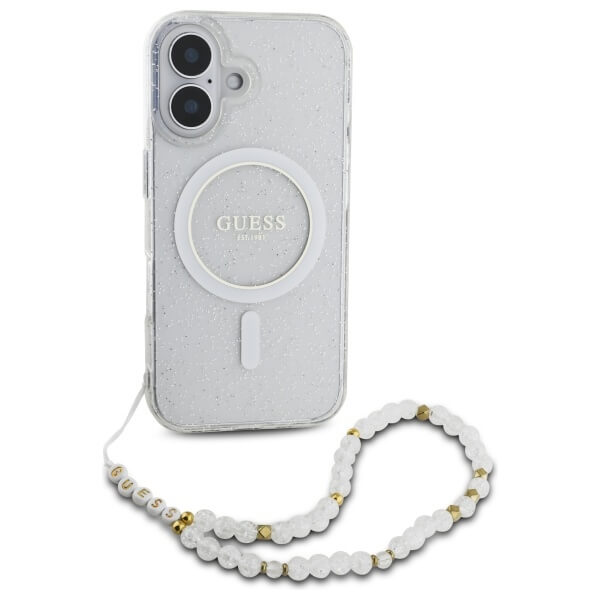 Guess iPhone 16 - IML Glitter With Pearl Strap MagSafe - Σκληρή Θήκη με Πλαίσιο Σιλικόνης και Λουράκι - Διάφανη - GUHMP16SHGCRELST