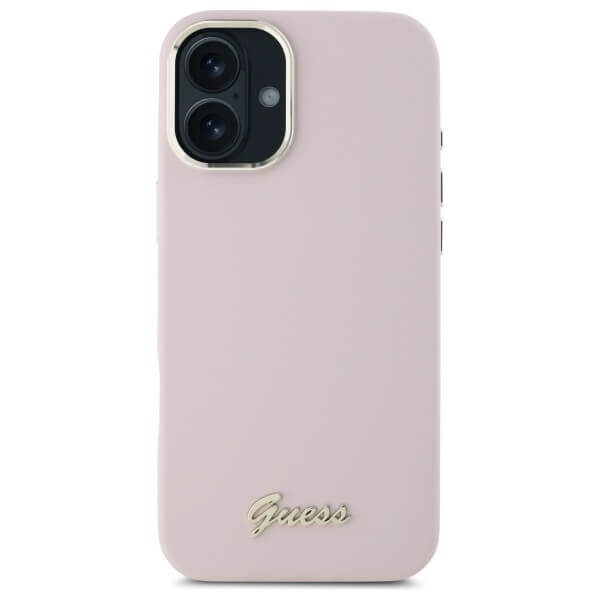Guess iPhone 16 Plus - Silicone Script Metal Logo and Frame - Σκληρή Θήκη με Πλαίσιο Σιλικόνης - Pink - GUHCP16MSMBSLP