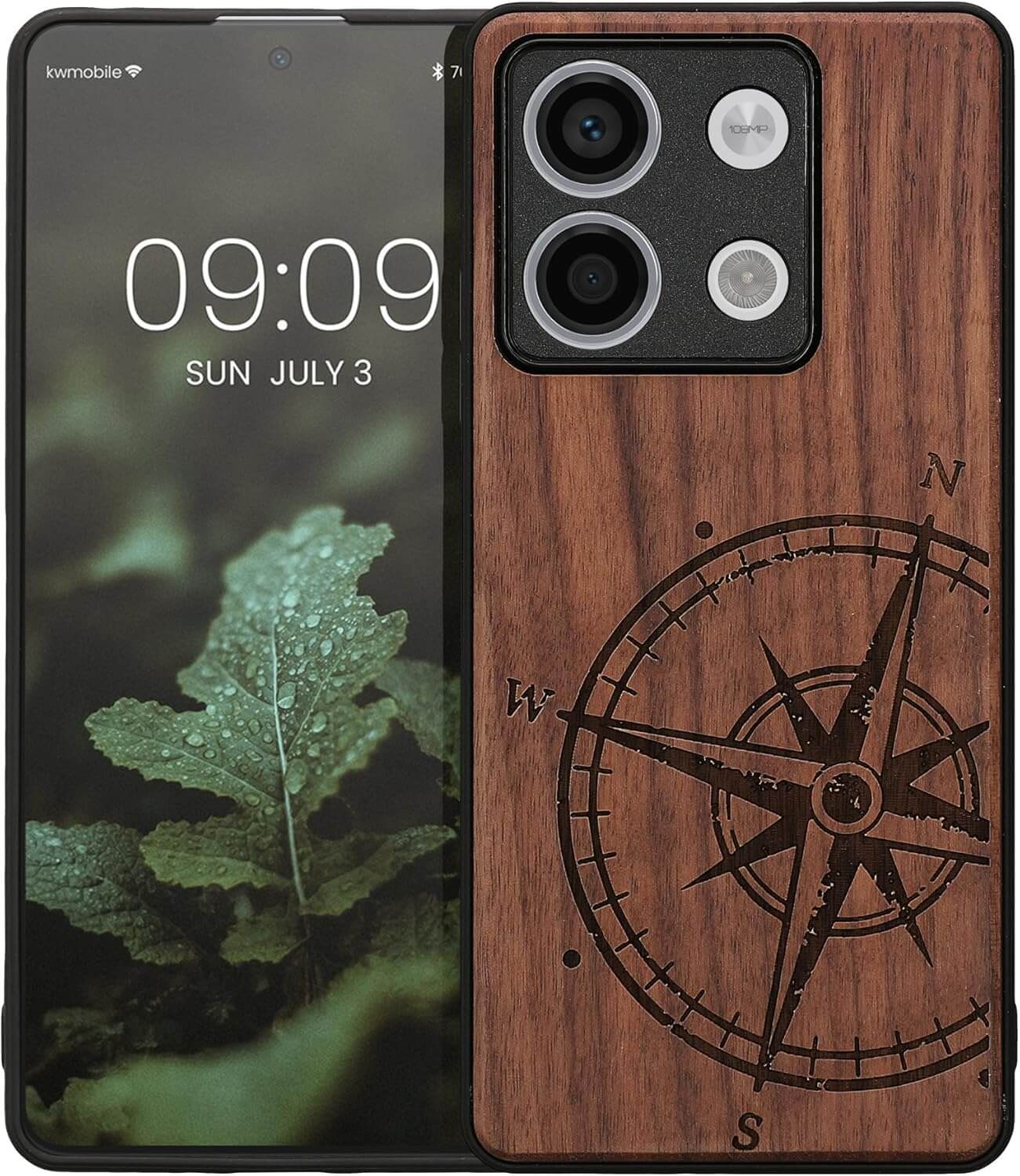 KW Xiaomi Redmi Note 13 5G Θήκη από Φυσικό Ξύλο - Design Compass Vintage - Dark Brown