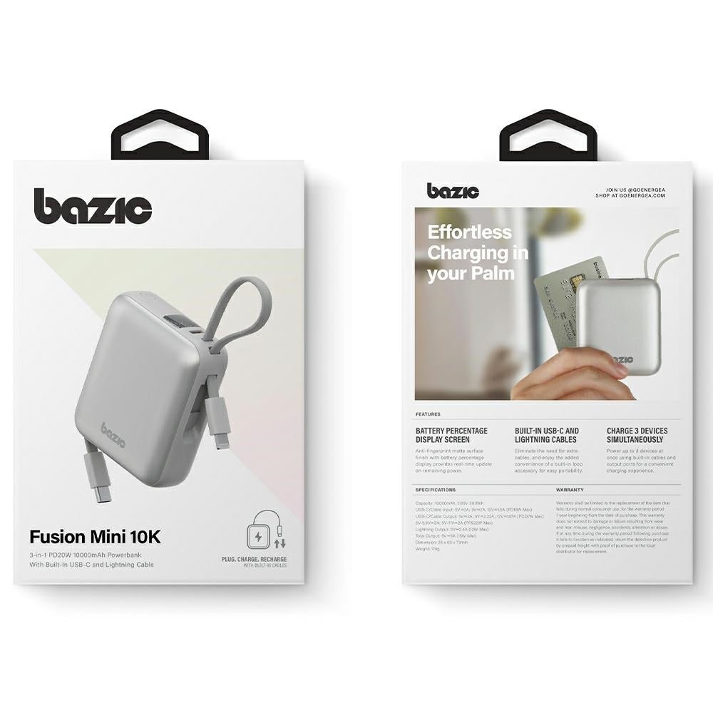 Energea 3in1 PowerBank 10.000mAh με Θύρα USB - C και Ενσωματωμένα Καλώδια Lightning και Type - C - Bazic Fusion Mini - Grey