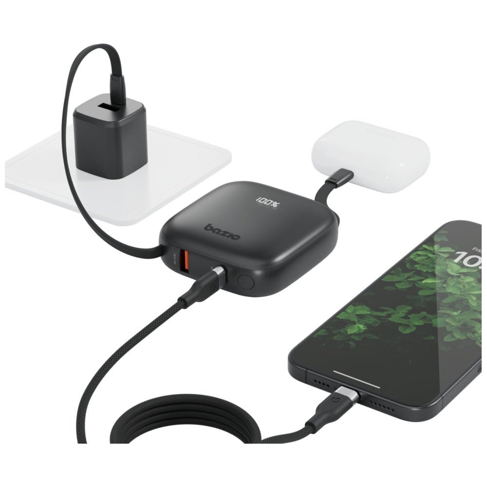 Energea 4in1 PowerBank 10.000mAh με 1 Θύρα USB - C και 1 Θύρα USB και Ενσωματωμένα Καλώδια Lightning και Type - C - Bazic Fusion - Black