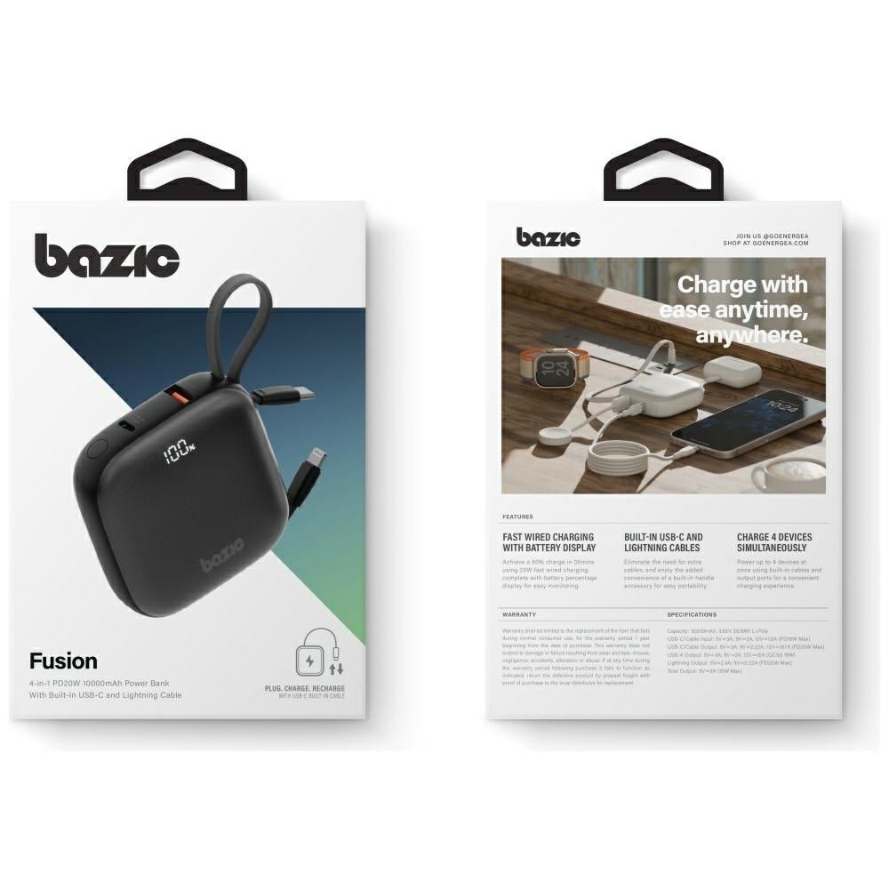 Energea 4in1 PowerBank 10.000mAh με 1 Θύρα USB - C και 1 Θύρα USB και Ενσωματωμένα Καλώδια Lightning και Type - C - Bazic Fusion - Black