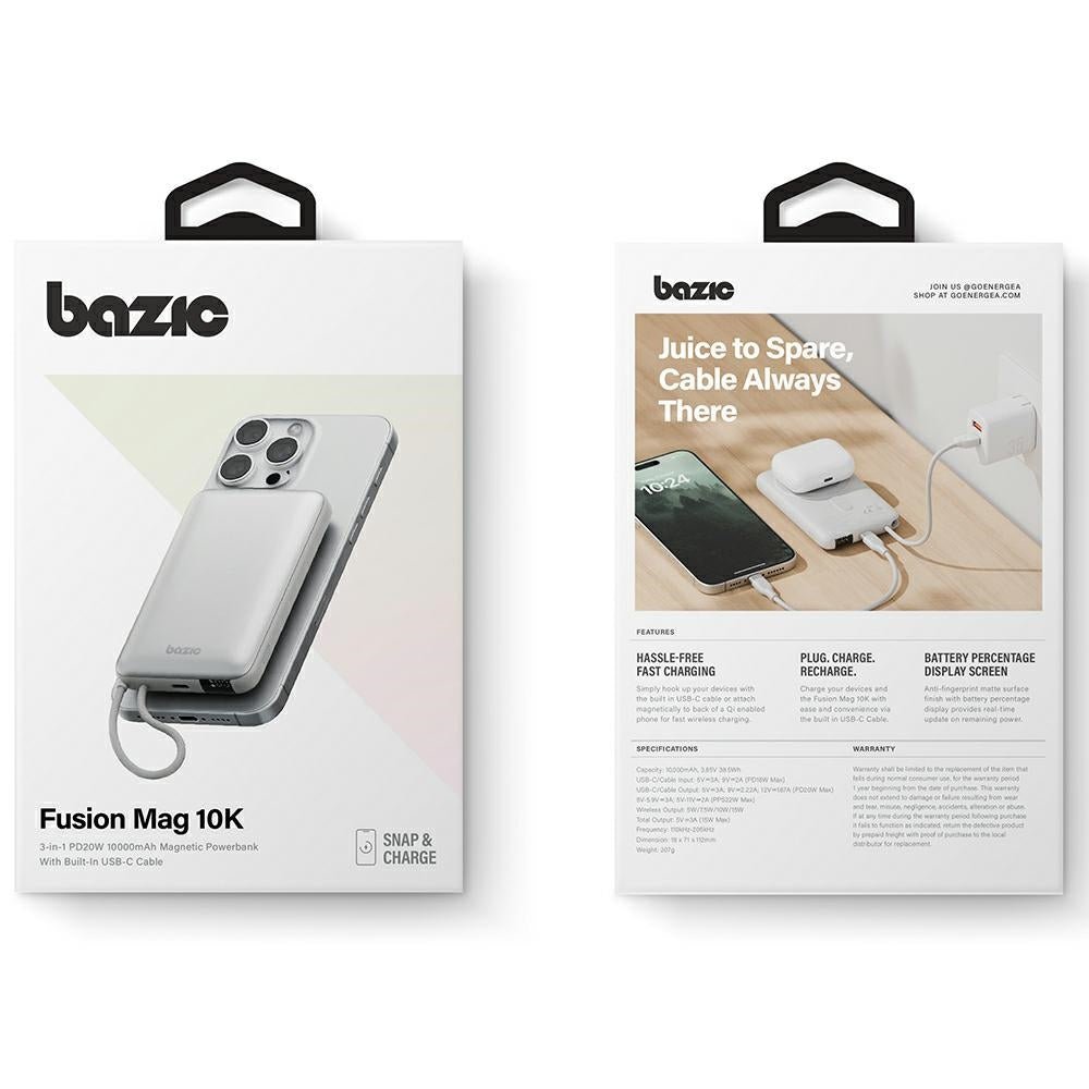 Energea Ασύρματο MagSafe PowerBank Κινητού 10000 mAh με Ενσωματωμένο Καλώδιo Type - C to Type - C - Bazic Fusion Mag - Grey