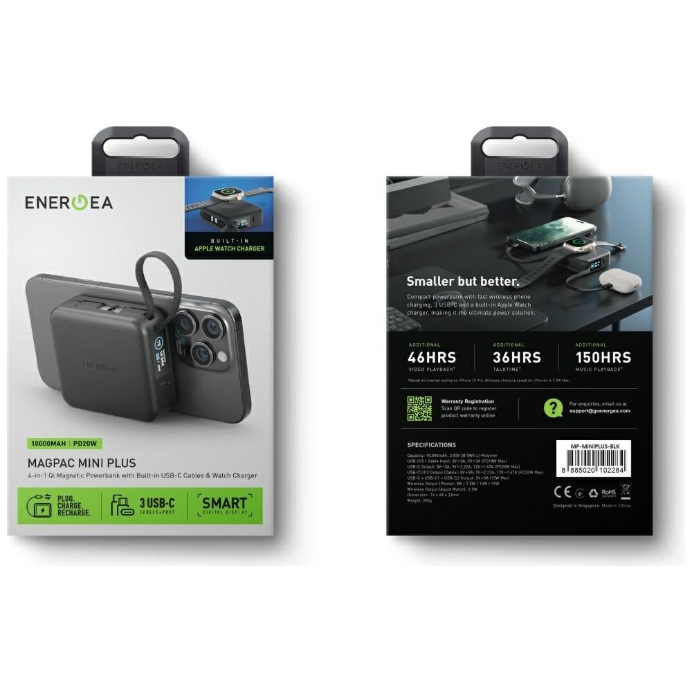 Energea MagPac Mini Plus - Ασύρματο MagSafe PowerBank Κινητού 10000 mAh με 2 Ενσωματωμένα Καλώδια Type - C - Black