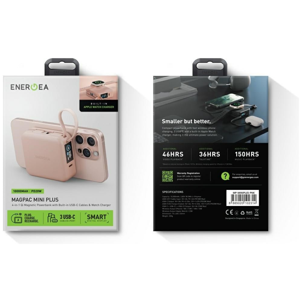 Energea MagPac Mini Plus - Ασύρματο MagSafe PowerBank Κινητού 10000 mAh με 2 Ενσωματωμένα Καλώδια Type - C - Pink