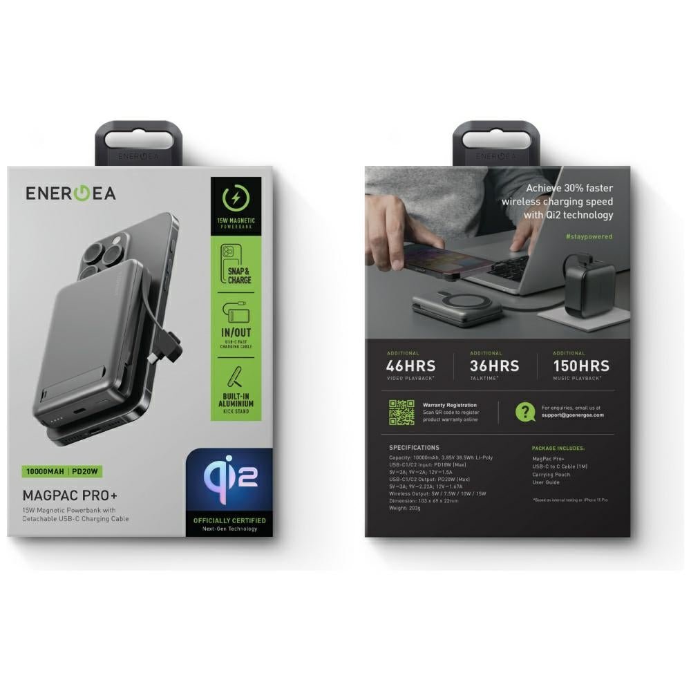 Energea MagPac Pro Plus - Ασύρματο MagSafe PowerBank Κινητού 10000 mAh με Aποσπώμενο Καλώδιo Type - C to Type - C - Grey