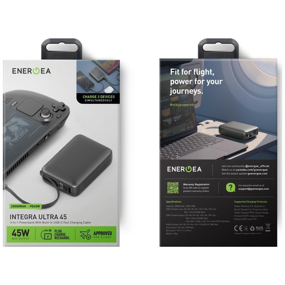 Energea PowerBank 20.000mAh με 1 Θύρα USB - C και 1 Θύρα USB και Ενσωματωμένο Καλώδιο Type - C - Integra Ultra 45 3C PD45W - Grey