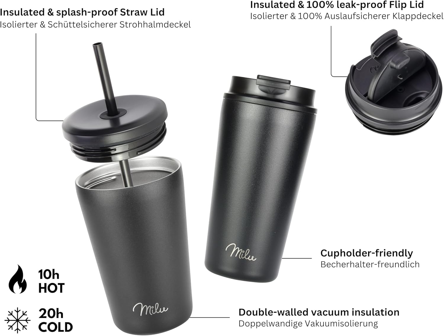 Milu T10 Κούπα Θερμός Από Ανοξείδωτο Ατσάλι με 2 Καπάκια και 2 Καλαμάκια - 100% Στεγανή - 400 ml - Black - 1266