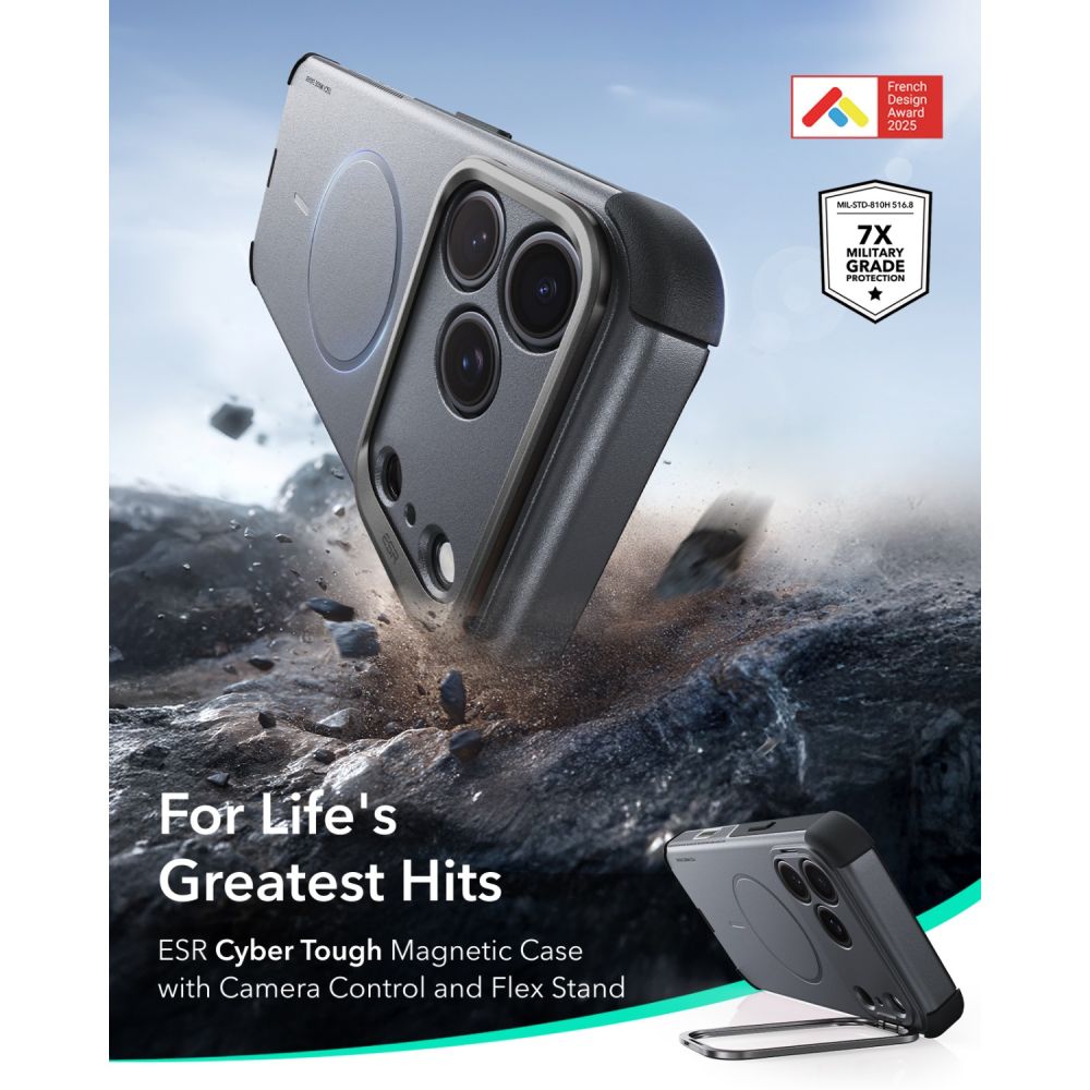 ESR iPhone 18 Pro Max / iPhone 17 Pro Max - Σκληρή Θήκη MagSafe με Πλαίσιο Σιλικόνης και Σταντ - Cyber Tough Kickstand - Grey