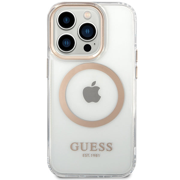 Guess iPhone 15 Pro Metal Outline MagSafe Σκληρή Θήκη με Πλαίσιο Σιλικόνης και MagSafe - Gold - GUHMP15LHTRMD