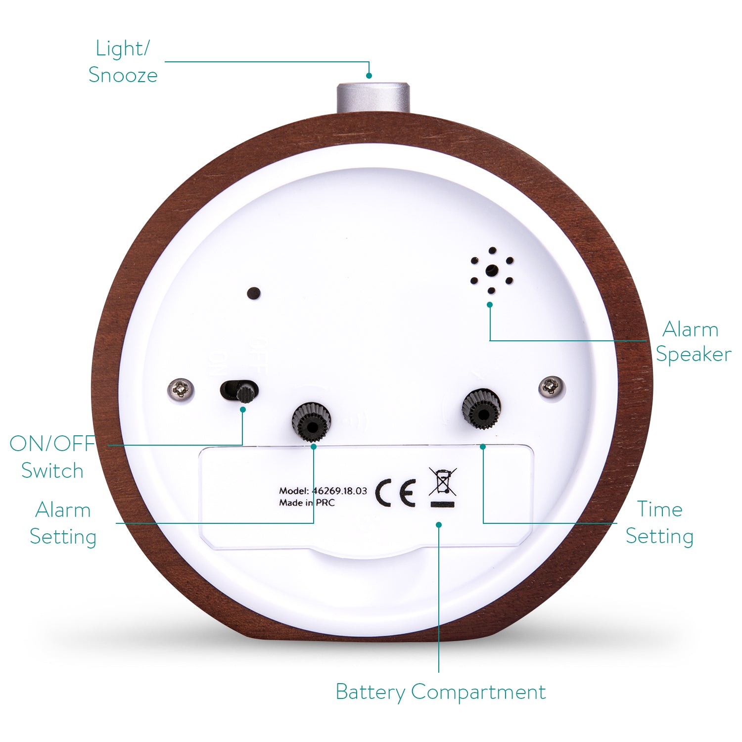 Navaris Analogue Wood Alarm Clock Design Round - Αναλογικό Επιτραπέζιο Ρολόι και Ξυπνητήρι - Dark Brown / Black - 46269.18.03