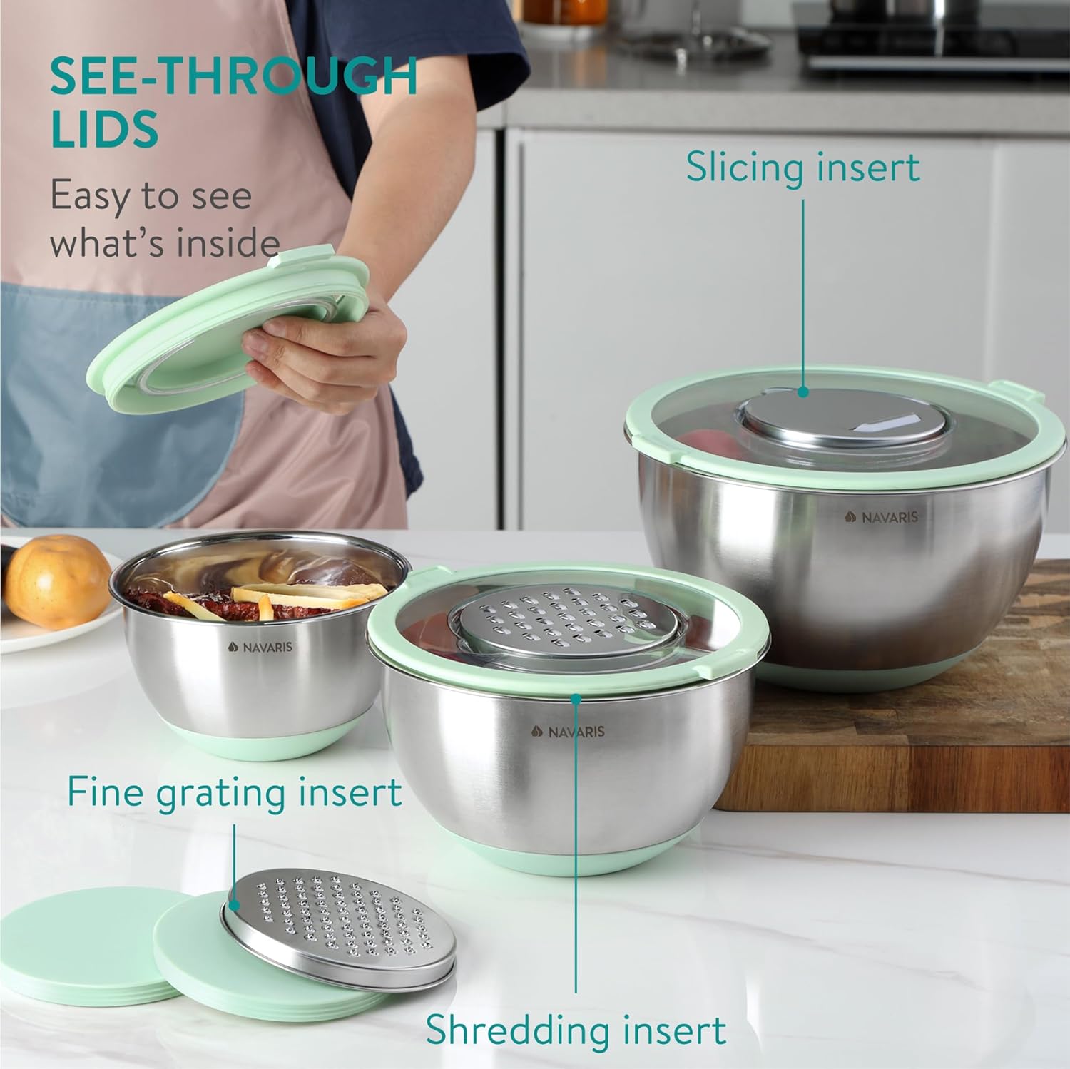 Navaris Σετ με 3 Μπολ Ανάμειξης από Ανοξείδωτο Ατσάλι με καπάκι και 3 Τρίφτες - Mint Green