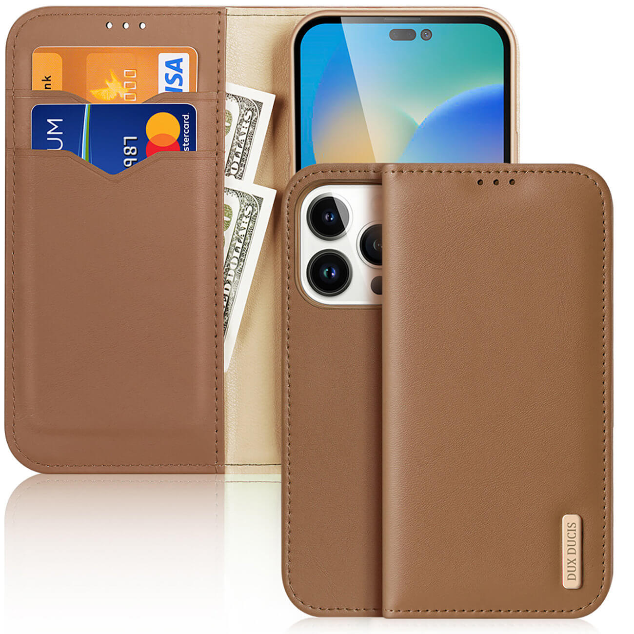 Dux Ducis iPhone 14 Pro Hivo Θήκη Πορτοφόλι Stand από Γνήσιο Δέρμα - Brown