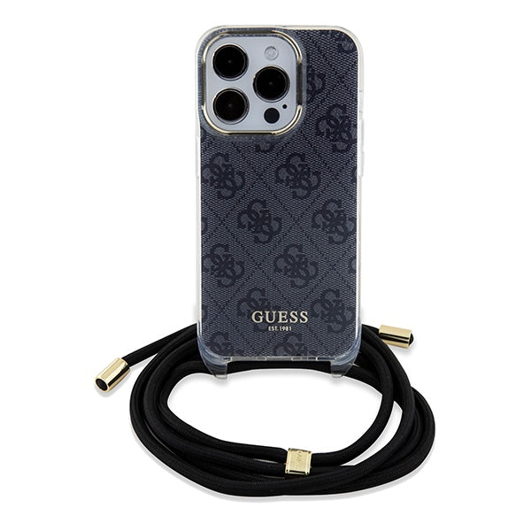 Guess iPhone 15 Pro Max Crossbody Cord 4G Print Σκληρή Θήκη με Πλαίσιο Σιλικόνης και Λουράκι - Black - GUHCP15XHC4SEK