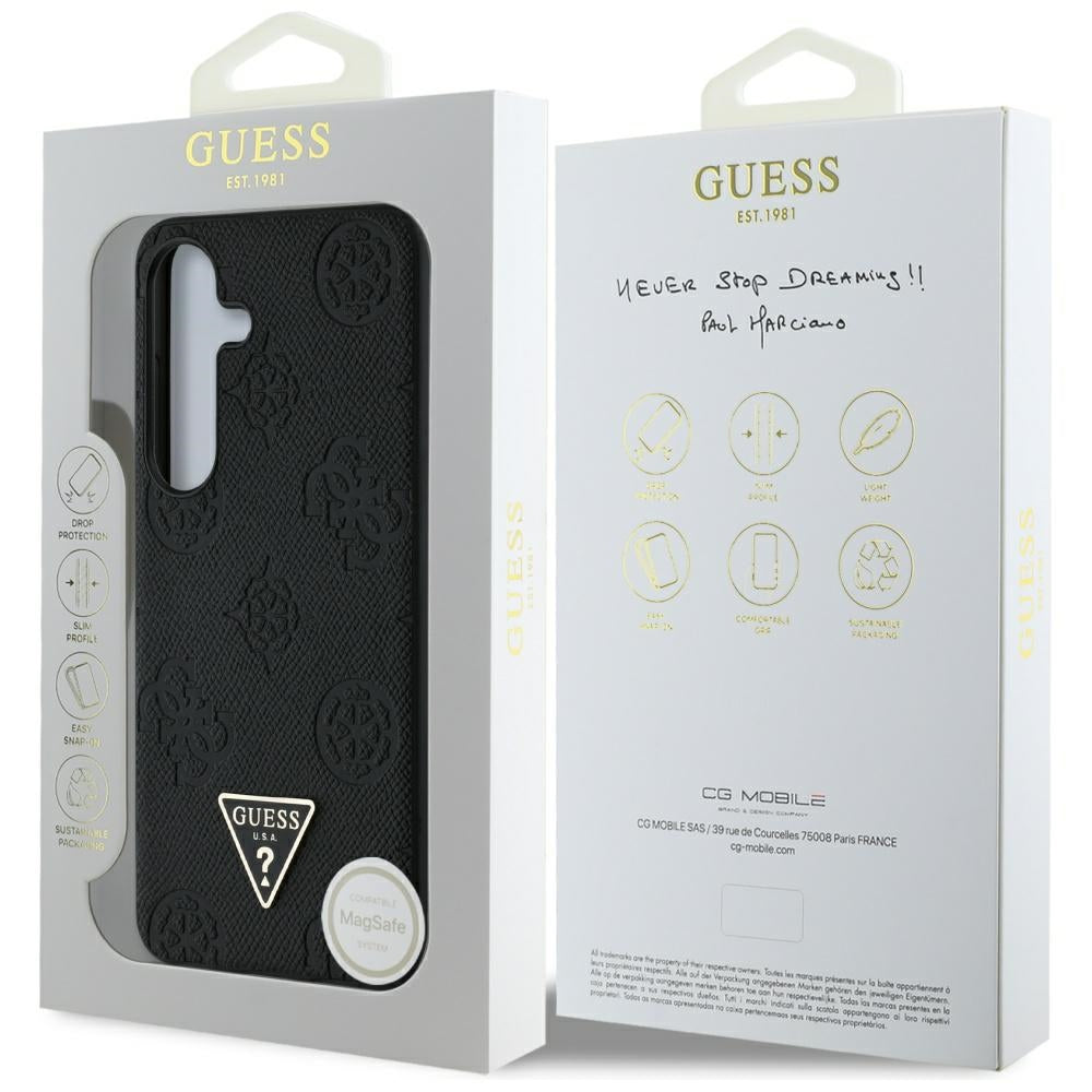 Guess Samsung Galaxy S25 - Grained Hot Stamp Peony Pattern Triangle Logo - MagSafe Σκληρή Θήκη με Πλαίσιο Σιλικόνης και Συνθετικό Δέρμα - Black - GUHMS25SPGBTMK